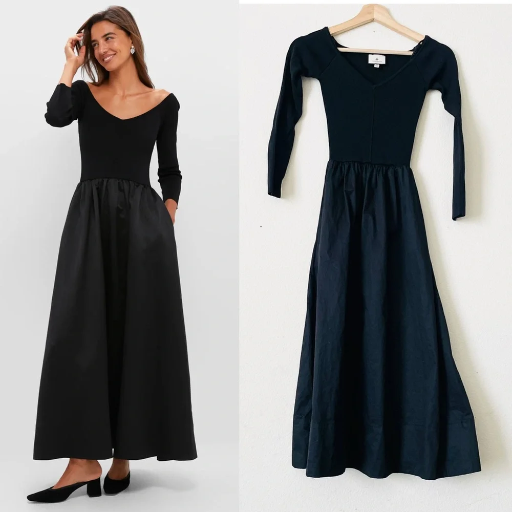 Tuckernuck XXS Black Dupioni Clea midi pocketed fit and flare dress - Picture 1 of 8
